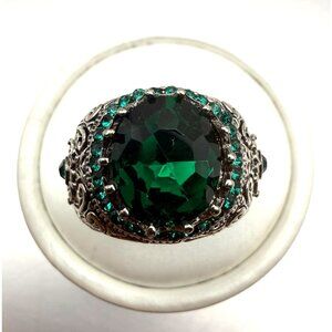 Large Green Statement Ring Ornate Silver Tone Emerald Color Center Stone